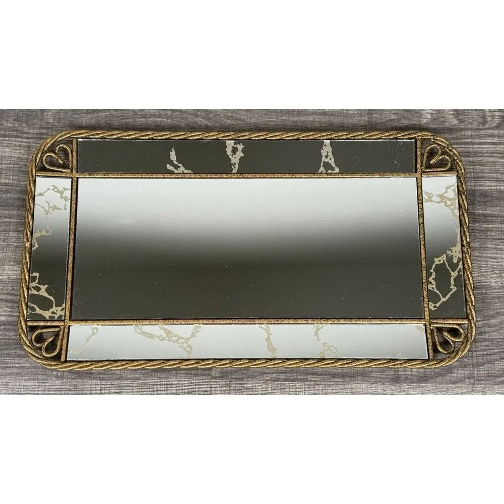 Vtg Vanity Mirror Tray Antique Brass Rope Edge w/Heart Shapes 15 1/8'' x 8 1/8''
